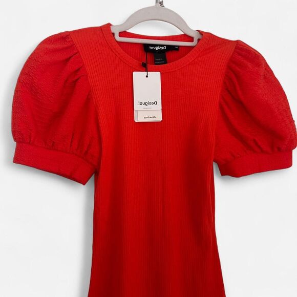 Desigual Coral Ribbed Knit Puff-Sleeve Mini Dress – Artsy Euro-Girl Chic M NWT - Picture 4 of 8